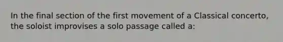 In the final section of the first movement of a Classical concerto, the soloist improvises a solo passage called a: