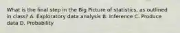 What is the final step in the Big Picture of statistics, as outlined in class? A. Exploratory data analysis B. Inference C. Produce data D. Probability