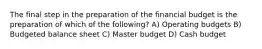 The final step in the preparation of the financial budget is the preparation of which of the​ following? A) Operating budgets B) Budgeted balance sheet C) Master budget D) Cash budget