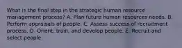 What is the final step in the strategic human resource management process? A. Plan future human resources needs. B. Perform appraisals of people. C. Assess success of recruitment process. D. Orient, train, and develop people. E. Recruit and select people.