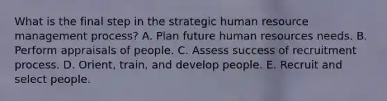 What is the final step in the strategic human resource management process? A. Plan future human resources needs. B. Perform appraisals of people. C. Assess success of recruitment process. D. Orient, train, and develop people. E. Recruit and select people.