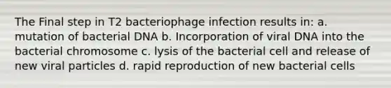 The Final step in T2 bacteriophage infection results in: a. mutation of bacterial DNA b. Incorporation of viral DNA into the bacterial chromosome c. lysis of the bacterial cell and release of new viral particles d. rapid reproduction of new bacterial cells