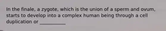 In the finale, a zygote, which is the union of a sperm and ovum, starts to develop into a complex human being through a cell duplication or ___________