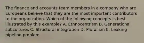 The finance and accounts team members in a company who are Europeans believe that they are the most important contributors to the organization. Which of the following concepts is best illustrated by this example? A. Ethnocentrism B. Generational subcultures C. Structural integration D. Pluralism E. Leaking pipeline problem