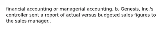 financial accounting or managerial accounting. b. Genesis, Inc.'s controller sent a report of actual versus budgeted sales figures to the sales manager..