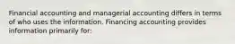 Financial accounting and managerial accounting differs in terms of who uses the information. Financing accounting provides information primarily for: