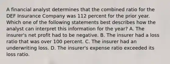 A financial analyst determines that the combined ratio for the DEF Insurance Company was 112 percent for the prior year. Which one of the following statements best describes how the analyst can interpret this information for the year? A. The insurer's net profit had to be negative. B. The insurer had a loss ratio that was over 100 percent. C. The insurer had an underwriting loss. D. The insurer's expense ratio exceeded its loss ratio.