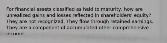 For financial assets classified as held to maturity, how are unrealized gains and losses reflected in shareholders' equity? They are not recognized. They flow through retained earnings. They are a component of accumulated other comprehensive income.