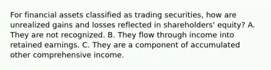 For financial assets classified as trading securities, how are unrealized gains and losses reflected in shareholders' equity? A. They are not recognized. B. They flow through income into retained earnings. C. They are a component of accumulated other comprehensive income.