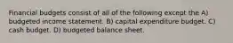 Financial budgets consist of all of the following except the A) budgeted income statement. B) capital expenditure budget. C) cash budget. D) budgeted balance sheet.