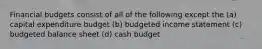 Financial budgets consist of all of the following except the (a) capital expenditure budget (b) budgeted income statement (c) budgeted balance sheet (d) cash budget