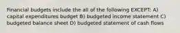 Financial budgets include the all of the following EXCEPT: A) capital expenditures budget B) budgeted income statement C) budgeted balance sheet D) budgeted statement of cash flows