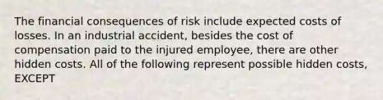 The financial consequences of risk include expected costs of losses. In an industrial accident, besides the cost of compensation paid to the injured employee, there are other hidden costs. All of the following represent possible hidden costs, EXCEPT