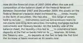 How did the financial crisis of 2007-2009 affect the size and composition of the balance sheet of the Federal Reserve? Between December 2007 and December 2009, the assets on the Federal Reserve's balance sheet increased by ___ times, mostly in the form of securities. The Fed also ___ the range of assets held to include ___ instruments such as extraordinary loans to non-banks and long-term securities (including mortgage-backed instruments and Treasury bonds). On the liability side of the balance sheet, the liquidity crisis led to ___ in commercial bank deposits at the Fed as banks held on to ___ reserves. At times, the Treasury also ___ its deposits at the Fed to help the Fed limit the increase of bank reserves as its assets rose.