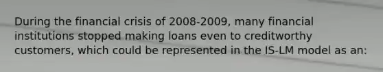 During the financial crisis of 2008-2009, many financial institutions stopped making loans even to creditworthy customers, which could be represented in the IS-LM model as an: