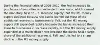 During the financial crisis of 2008-2010, the Fed increased its purchases of securities and extended more loans, which caused the monetary base to... a. Increase rapidly, but the M1 money supply declined because the banks loaned out most of the additional reserves to businesses b. Fall, but the M1 money supply still expanded rapidly because the banks increased their loans to businesses c. Increase rapidly, but the M1 money supply expanded at a much slower rate because the banks held a large share of the additional reserves d. Fall, and this led to a sharp decline in the M1 money supply