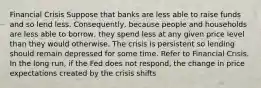 Financial Crisis Suppose that banks are less able to raise funds and so lend less. Consequently, because people and households are less able to borrow, they spend less at any given price level than they would otherwise. The crisis is persistent so lending should remain depressed for some time. Refer to Financial Crisis. In the long run, if the Fed does not respond, the change in price expectations created by the crisis shifts