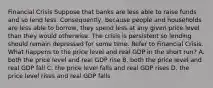 Financial Crisis Suppose that banks are less able to raise funds and so lend less. Consequently, because people and households are less able to borrow, they spend less at any given price level than they would otherwise. The crisis is persistent so lending should remain depressed for some time. Refer to Financial Crisis. What happens to the price level and real GDP in the short run? A. both the price level and real GDP rise B. both the price level and real GDP fall C. the price level falls and real GDP rises D. the price level rises and real GDP falls