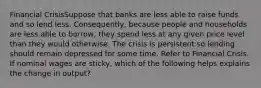 Financial CrisisSuppose that banks are less able to raise funds and so lend less. Consequently, because people and households are less able to borrow, they spend less at any given price level than they would otherwise. The crisis is persistent so lending should remain depressed for some time. Refer to Financial Crisis. If nominal wages are sticky, which of the following helps explains the change in output?