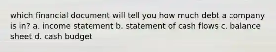 which financial document will tell you how much debt a company is in? a. income statement b. statement of cash flows c. balance sheet d. cash budget