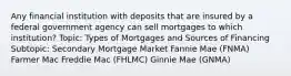 Any financial institution with deposits that are insured by a federal government agency can sell mortgages to which institution? Topic: Types of Mortgages and Sources of Financing Subtopic: Secondary Mortgage Market Fannie Mae (FNMA) Farmer Mac Freddie Mac (FHLMC) Ginnie Mae (GNMA)