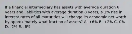 If a financial intermediary has assets with average duration 6 years and liabilities with average duration 8 years, a 1% rise in interest rates of all maturities will change its economic net worth by approximately what fraction of assets? A. +6% B. +2% C. 0% D. -2% E. -6%