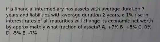 If a financial intermediary has assets with average duration 7 years and liabilities with average duration 2 years, a 1% rise in interest rates of all maturities will change its economic net worth by approximately what fraction of assets? A. +7% B. +5% C. 0% D. -5% E. -7%