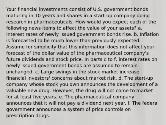 Your financial investments consist of U.S. government bonds maturing in 10 years and shares in a start-up company doing research in pharmaceuticals. How would you expect each of the following news items to affect the value of your assets? a. Interest rates of newly issued government bonds rise. b. Inflation is forecasted to be much lower than previously expected. Assume for simplicity that this information does not affect your forecast of the dollar value of the pharmaceutical company's future dividends and stock price. In parts c to f, interest rates on newly issued government bonds are assumed to remain unchanged. c. Large swings in the stock market increase financial investors' concerns about market risk. d. The start-up company whose stock you own announces the development of a valuable new drug. However, the drug will not come to market for at least five years. e. The pharmaceutical company announces that it will not pay a dividend next year. f. The federal government announces a system of price controls on prescription drugs.