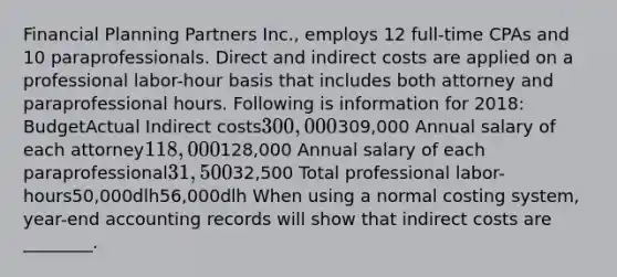 Financial Planning Partners Inc., employs 12 full-time CPAs and 10 paraprofessionals. Direct and indirect costs are applied on a professional labor-hour basis that includes both attorney and paraprofessional hours. Following is information for 2018: BudgetActual Indirect costs300,000309,000 Annual salary of each attorney118,000128,000 Annual salary of each paraprofessional31,50032,500 Total professional labor-hours50,000dlh56,000dlh When using a normal costing system, year-end accounting records will show that indirect costs are ________.