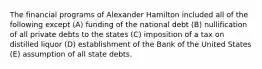 ​The financial programs of Alexander Hamilton included all of the following except (A) funding of the national debt (B) nullification of all private debts to the states (C) imposition of a tax on distilled liquor (D) establishment of the Bank of the United States (E) assumption of all state debts.