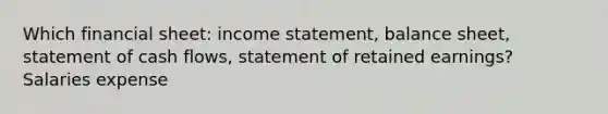 Which financial sheet: income statement, balance sheet, statement of cash flows, statement of retained earnings? Salaries expense