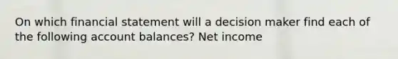 On which financial statement will a decision maker find each of the following account balances? Net income