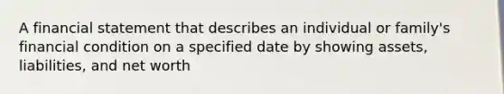 A financial statement that describes an individual or family's financial condition on a specified date by showing assets, liabilities, and net worth