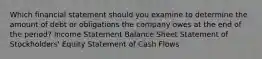 Which financial statement should you examine to determine the amount of debt or obligations the company owes at the end of the period? Income Statement Balance Sheet Statement of Stockholders' Equity Statement of Cash Flows