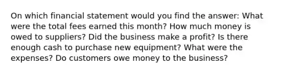 On which financial statement would you find the answer: What were the total fees earned this month? How much money is owed to suppliers? Did the business make a profit? Is there enough cash to purchase new equipment? What were the expenses? Do customers owe money to the business?