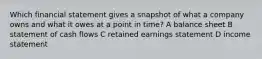 Which financial statement gives a snapshot of what a company owns and what it owes at a point in time? A balance sheet B statement of cash flows C retained earnings statement D income statement