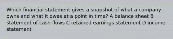 Which financial statement gives a snapshot of what a company owns and what it owes at a point in time? A balance sheet B statement of cash flows C retained earnings statement D income statement