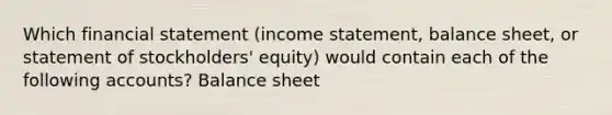 Which financial statement (income statement, balance sheet, or statement of stockholders' equity) would contain each of the following accounts? Balance sheet