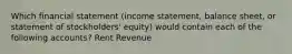 Which financial statement (income statement, balance sheet, or statement of stockholders' equity) would contain each of the following accounts? Rent Revenue