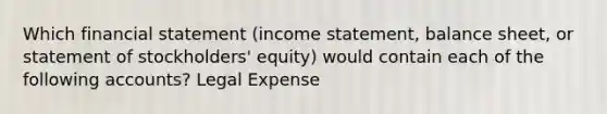 Which financial statement (income statement, balance sheet, or statement of stockholders' equity) would contain each of the following accounts? Legal Expense