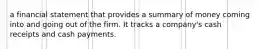 a financial statement that provides a summary of money coming into and going out of the firm. It tracks a company's cash receipts and cash payments.