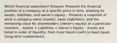 Which financial statement? Purpose: Presents the financial position of a company at a specific point in time, showing its assets, liabilities, and owner's equity. - Presents a snapshot of what a company owns (assets), owes (liabilities), and the remaining value for shareholders (owner's equity) at a particular moment. - Assets = Liabilities + Owner's Equity. - Assets are listed in order of liquidity, from most liquid (cash) to least liquid (long-term investments).