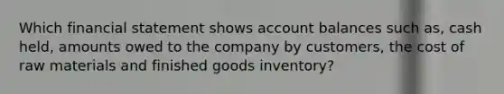 Which financial statement shows account balances such as, cash held, amounts owed to the company by customers, the cost of raw materials and finished goods inventory?