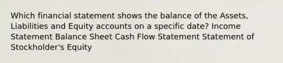 Which financial statement shows the balance of the Assets, Liabilities and Equity accounts on a specific date? Income Statement Balance Sheet Cash Flow Statement Statement of Stockholder's Equity