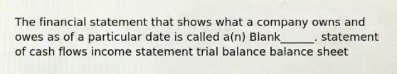 The financial statement that shows what a company owns and owes as of a particular date is called a(n) Blank______. statement of cash flows income statement trial balance balance sheet