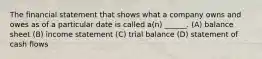 The financial statement that shows what a company owns and owes as of a particular date is called a(n) ______. (A) balance sheet (B) income statement (C) trial balance (D) statement of cash flows