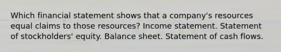 Which financial statement shows that a company's resources equal claims to those resources? Income statement. Statement of stockholders' equity. Balance sheet. Statement of cash flows.