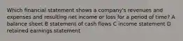 Which financial statement shows a company's revenues and expenses and resulting net income or loss for a period of time? A balance sheet B statement of cash flows C income statement D retained earnings statement