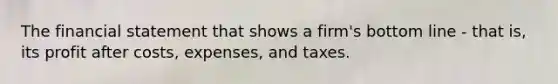 The financial statement that shows a firm's bottom line - that is, its profit after costs, expenses, and taxes.