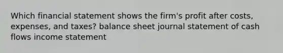 Which financial statement shows the firm's profit after costs, expenses, and taxes? balance sheet journal statement of cash flows income statement